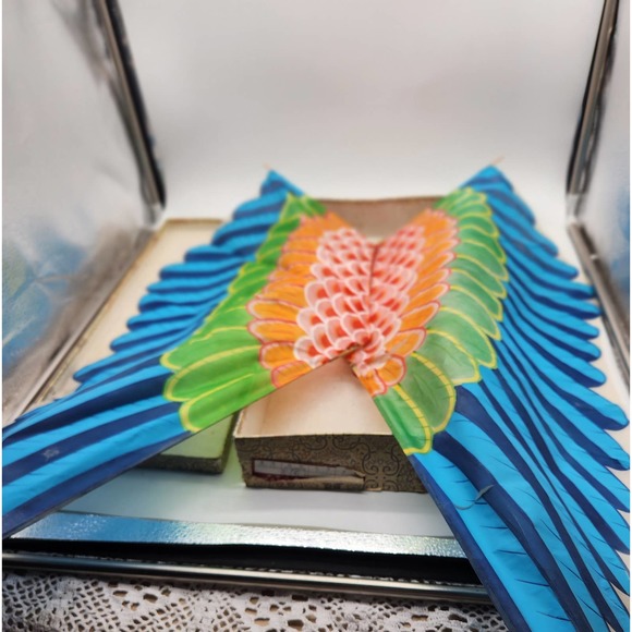 Vtg Chinese hand painted SilkPheonix in Original box minor damages 56" wide - Picture 6 of 16